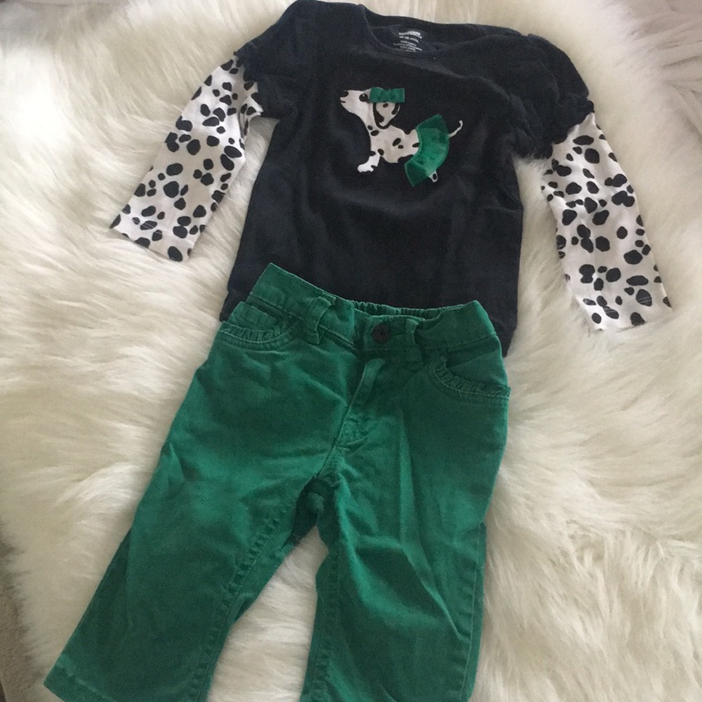 Dalmatian shirt and green pants girls 12M outfit